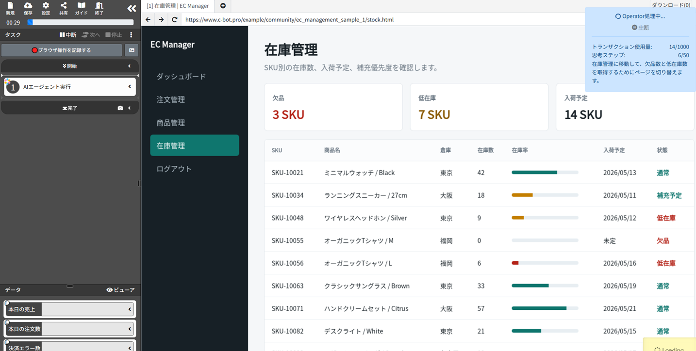 AIエージェントがECサイトの在庫・欠品状況を確認している様子